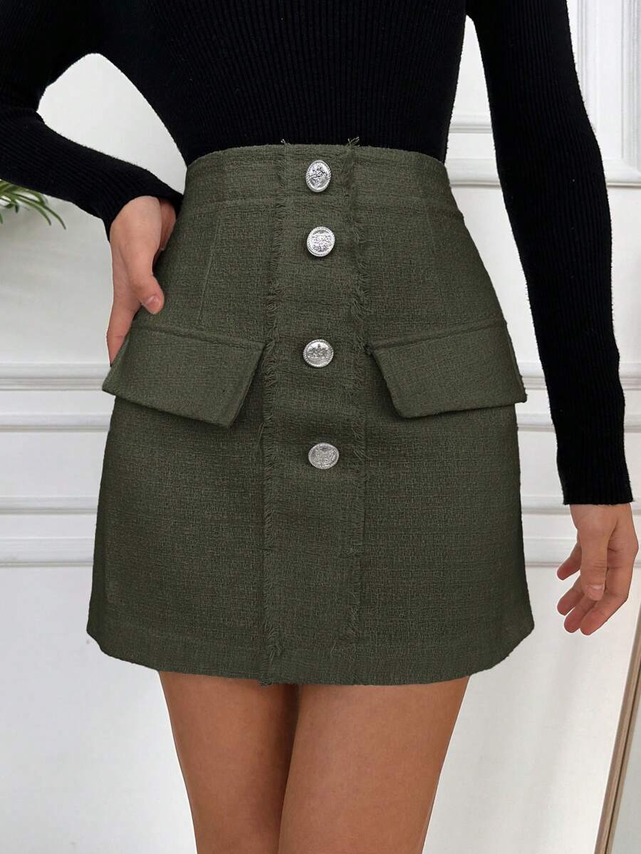 SHEIN PETITE 前紐扣翻蓋細節粗花呢半身裙 - 卡其色 - 查看 1