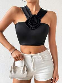 Chiquease 女士3D花瓣背心上衣，可多種穿著風格 - 黑色 - 查看 3