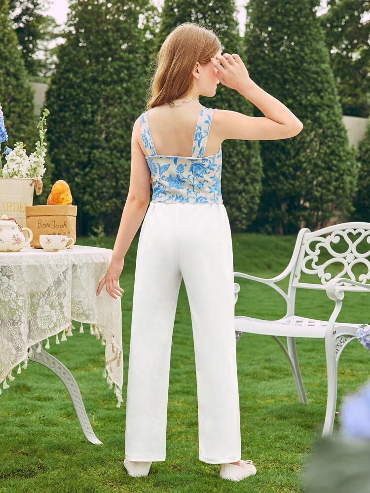 Tween Girl Fashionable Simple And Sweet Printed Top Top And Solid Color Long Pants Set