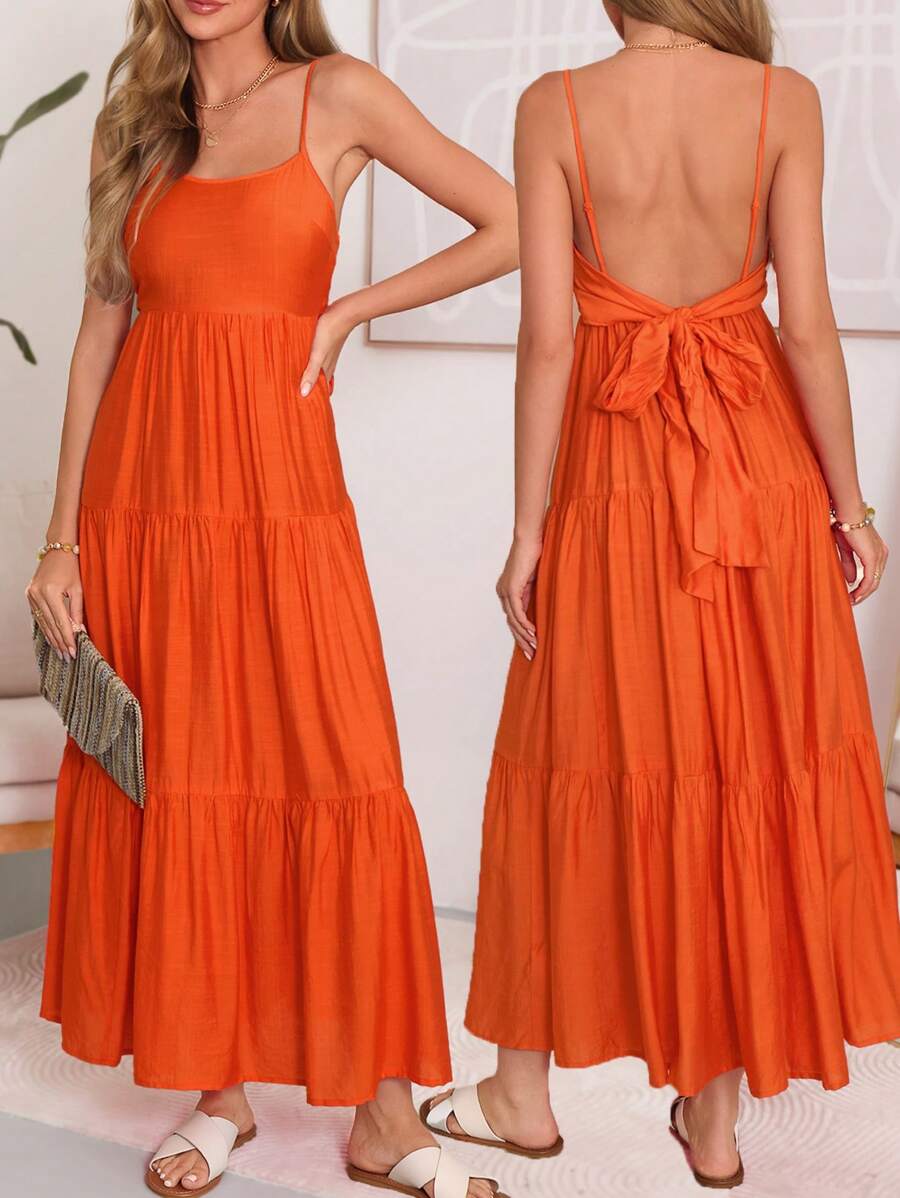 SHEIN LUNE Women's Summer Casual Long Strap Bowknot Dress Dress