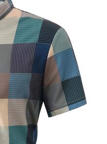 Manfinity Homme 男士夏季休閑格子與印花短袖襯衫 - 藍色 - 查看 3