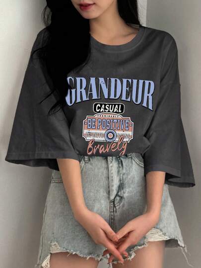 DAZY 女士夏季宽松圆领落肩袖字母印花休闲T恤可爱上衣超大码T恤，图案T恤