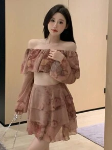 DAZY Women's Fashionable Ruffle Hem Allover Print Chiffon 2pcs Set