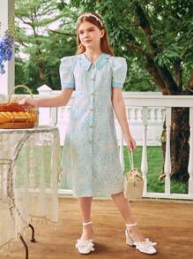 SHEIN Tween Girl Elegant Color Block Patchwork Jacquard Puff Sleeve Dress For Summer