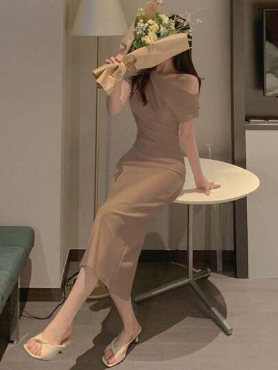 DAZY 女式夏季纯色不对称领口修身优雅连衣裙优雅太阳裙，秋季女装，婚礼礼服