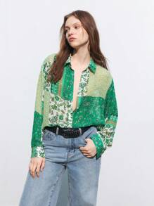 Maija Áo sơ mi dài tay in hoa chắp vá có khuy dành cho nữ, mùa xuân - màu xanh lá - Xem 2