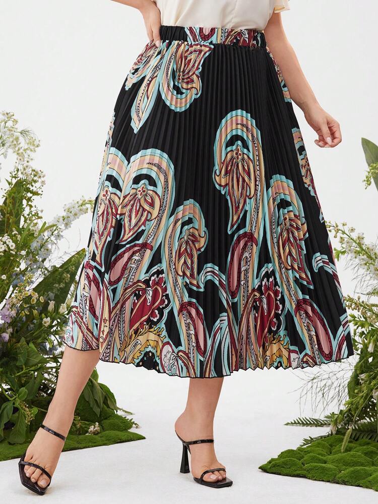 Plus Size Printed Pleated Holiday Casual Skirt