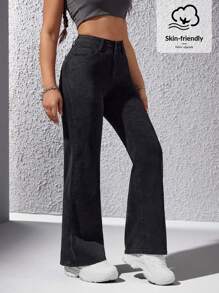 SHEIN EZwear Women's Casual Straight Leg Jeans With Slanted Pockets - Black - View 4