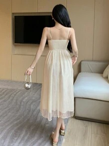 DAZY Women's Elegant Solid Color Embroidered Spaghetti Strap Summer Dress, Birthday Prom Dress,Ruffle,Dress For Wedding - Beige - View 5