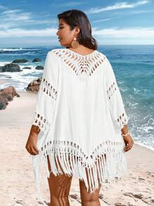 Sunnyshic Plus Size Women Fashion Solid Color Hollow Out Tassel Kimono Robe Summer - White - View 2