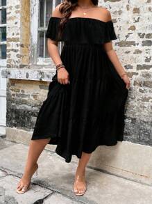 SHEIN LUNE Đầm trễ vai Ruffle Hem màu trơn dành cho nữ cỡ lớn - màu đen - Xem 4