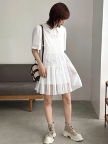 FRIFUL Mesh Women's Solid Color Simple Daily Dress,Ruffle - White - View 3
