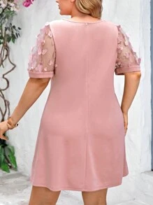 SHEIN Clasi Plus Knit Patchwork 3D Embroidered Pink Mini Dress - Multicolor - View 2