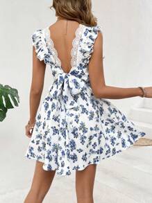 SHEIN Frenchy Nữ cổ chữ V phối ren hở lưng buộc dây có mũ tay áo mùa hè để mặc thường ngày và đi nghỉ - trắng - Xem 4