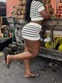 2pcs/Set Women's Summer Casual Contrast Striped Knit Short Sleeve Top And Shorts Set - White - View 3