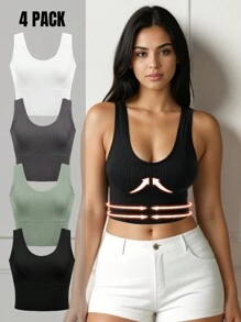 Easithlete Débardeur de sport pour femmes, ajusté et côtelé, couleur unie - Multicolore - Voir 1