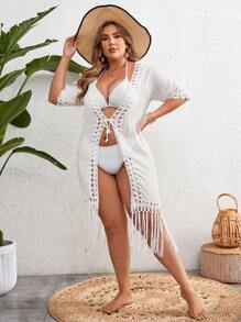 大码女式纯色简约日常穿着流苏装饰和服夏季 - 白色 - 查看 6