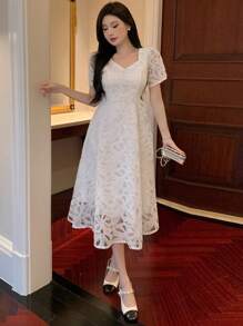 DAZY Váy dài ren họa tiết thanh lịch dành cho nữ, thích hợp cho tiệc thành phố, váy dạ hội mùa xuân/hè, váy cưới - trắng - Xem 6