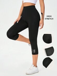 SHEIN Essnce 高腰黑色紧身打底裤，休闲且适合夏季大码女士 - 黑色 - 查看 1