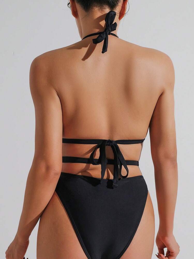 Summer Solid Color Halter Neck Backless One Piece Swimsuit With Metallic Ring Decoration, Suitable For Beach Swimming Pool