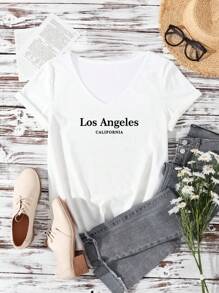 EMERY ROSE Women's Casual Simple Los Angeles Print Fitted V-Neck Drop Shoulder Short Sleeve T-Shirt, Plus Size, Suitable For Summer Suitable For Going Out - White - View 2