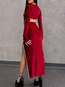 EURMUSE Women's 2pcs/Set, Asymmetrical Hem T-Shirt And Rhinestone Embellished Split Skirt - Red and White - View 2