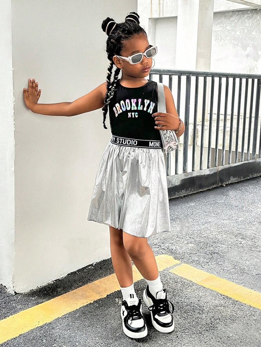 SHEIN Explorewe Tween Girls' Silver Metallic Skirt - Silver - View 1