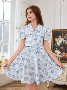 SHEIN DRMZ Tween Girl Tween Girl Áo sơ mi cổ bẻ thường ngày có tay áo dài và váy - trắng - Xem 1