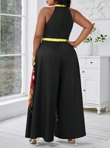SHEIN Lady Plus size zomermuziekfestival jumpsuit met wijde pijpen, bloemmotief en halterhals