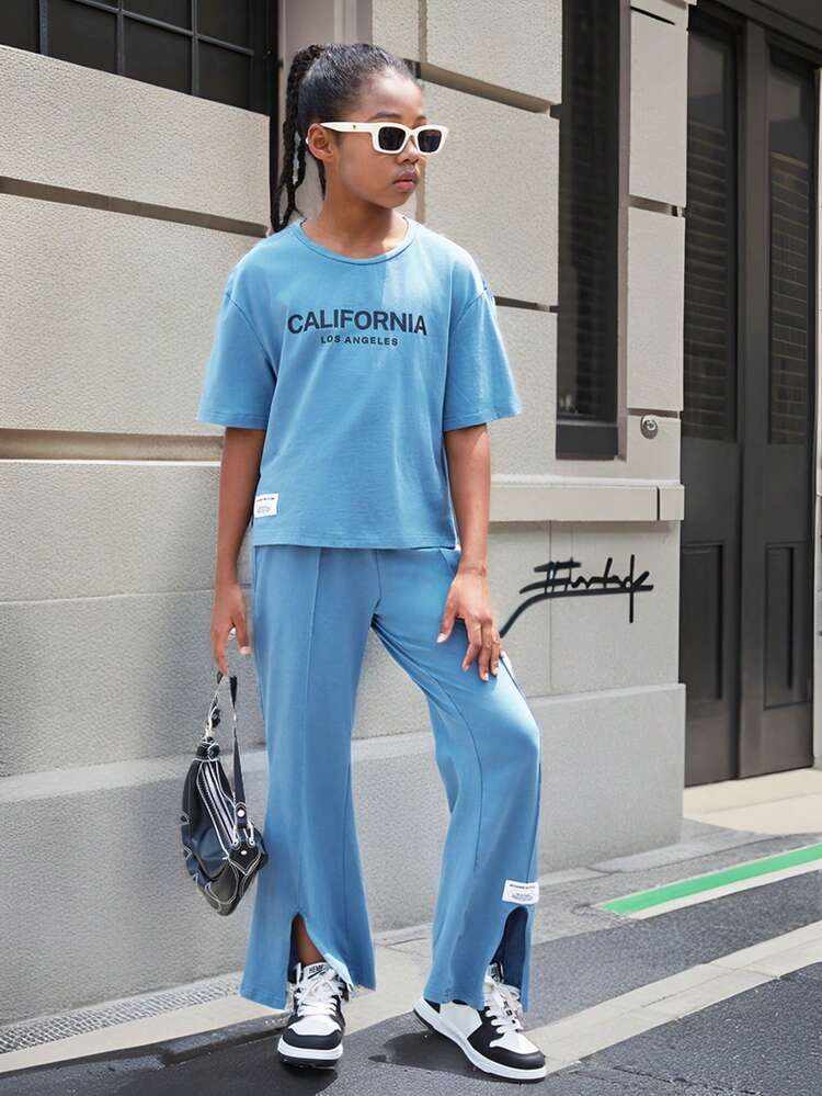 Tween Girl Knit Plain Loose Casual T-Shirt And Flare Pants Set