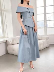 Modelyn 女士露肩双排扣上衣和裙子两件套，简约风格两件套 - 綠色 - 查看 8