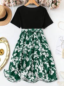 SHEIN Clasi 大碼女士夏季度假花卉印花拼接圓領短袖優雅連衣裙 - 彩色 - 查看 2