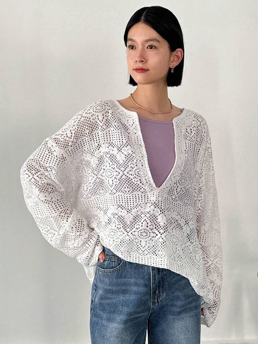 FRIFUL Women's Round Neck Solid Knitted Long Sleeve Top Sheer,Fall Women Clothes - White - View 1