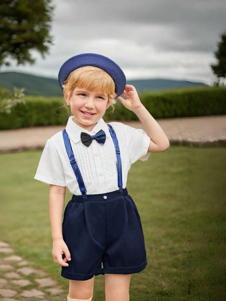 2pcs Young Boy Casual Elegant Gentlemanly Stylish Formal Shirt And Shorts With Suspenders, Suitable For Pageboy, Piano Recital, Daily Wear, Spring & Summer