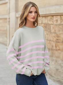 EURMUSE Women's Round Neck Drop Shoulder Color Block Striped Sweater - Pink - View 4