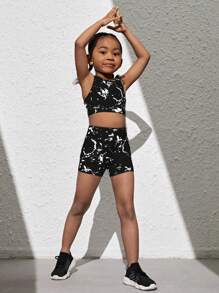 SHEIN Young Girl Simple Printed Top And Shorts Set, School, Campus, College