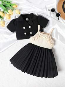 復古黑白拼色的女童甜美可愛短外套和吊帶連衣裙套裝 - 黑與白 - 查看 1