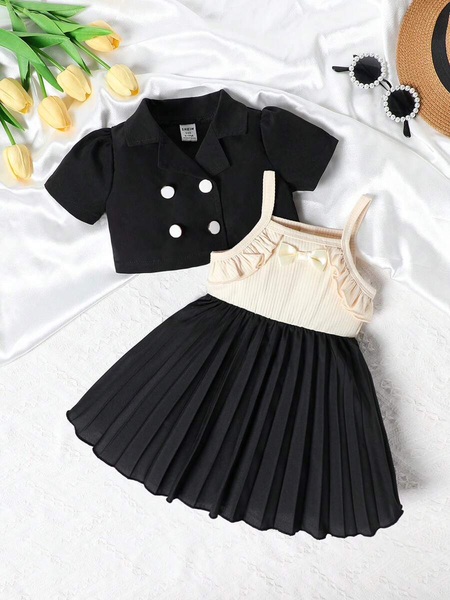 復古黑白拼色的女童甜美可愛短外套和吊帶連衣裙套裝 - 黑與白 - 查看 1