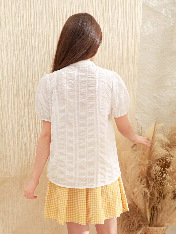 Tween Girl Elegant Ladylike Short Sleeve Shirt And Plaid Skirt Set, Perfect For Summer Vacation And Countryside Style