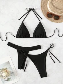 SHEIN Swim Damen einfarbiger Neckholder Sexy Bikini Set für den Sommer - Schwarz - Übersicht 1