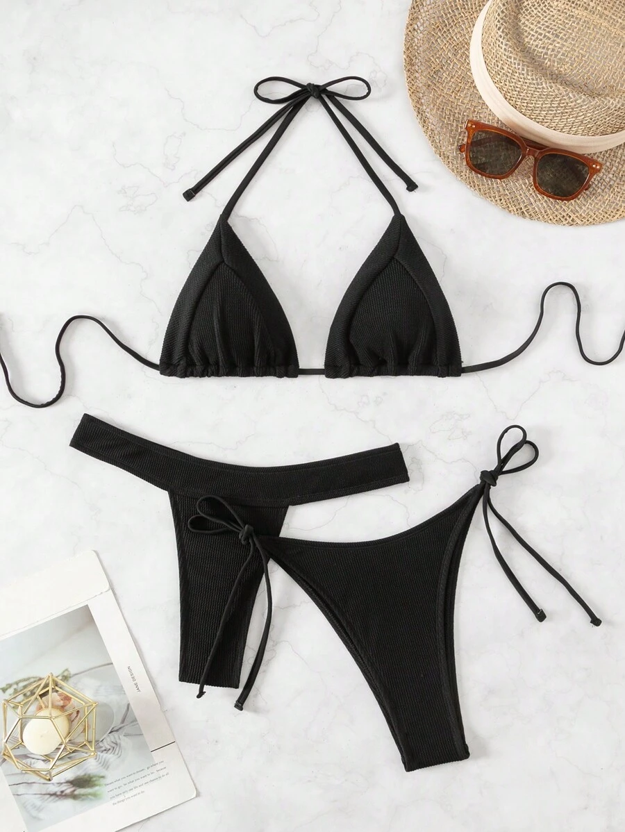 SHEIN Swim Ladies Solid Color Halter Strap Sexy Bikini Set Summer - Black - View 1