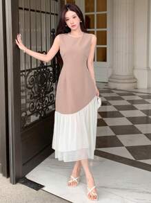 DAZY Ladies' Fashionable Elegant Sheer Mesh Splice Waist Cinched Dress, Birthday Prom Dress,Ruffle