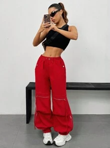 Muchica Pantalones cargo holgados rojos con cintura ajustable con cordón y tobillos con puños - Rojo - Ver 5