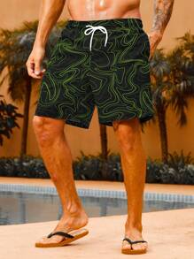 Manfinity Men's Line Printed Drawstring Casual Beach Shorts, Perfect For Holiday Outfit