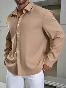 Manfinity Homme 男款大尺碼純色長袖春夏日常休閒襯衫,羈扣純色卡其色外出襯衫 - 卡其色 - 查看 5