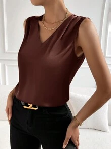 EMERY ROSE 女士純色簡約日常無袖襯衫 - 咖啡棕 - 查看 5