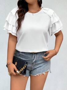 Franclia Camisa de mujer de talla grande, de unicolor y con manga de varias capas para el verano - Blanco - Ver 3