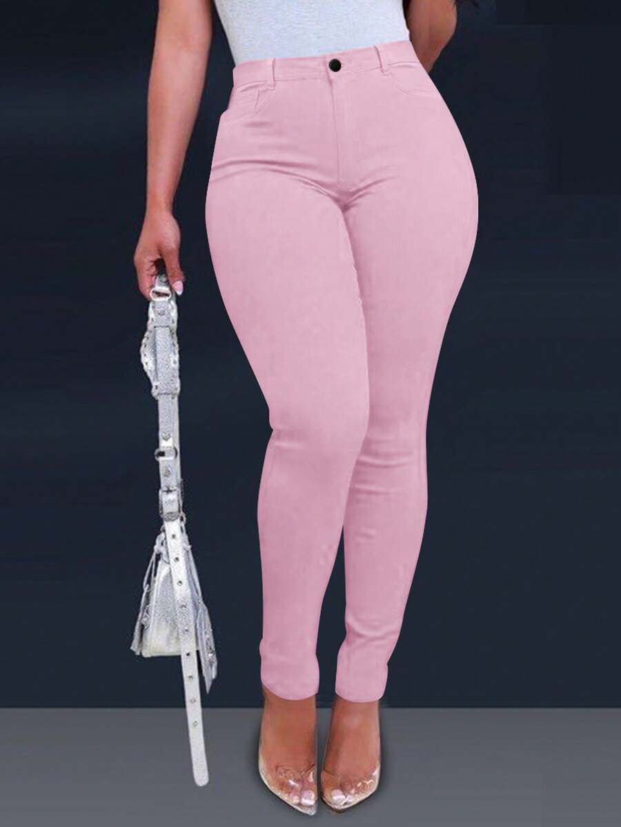 Y2K 高腰斜插口袋弹力修身舒适办公休闲锥形裤，音乐节粉色春季款 - 粉色 - 查看 1