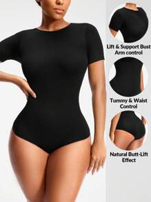 SHAPORA Seamless Round Neck Short-Sleeved Brief Bodysuit Body Shaper Bust&Butt Lifter -Tummy Waist Arm Control - Black - View 1
