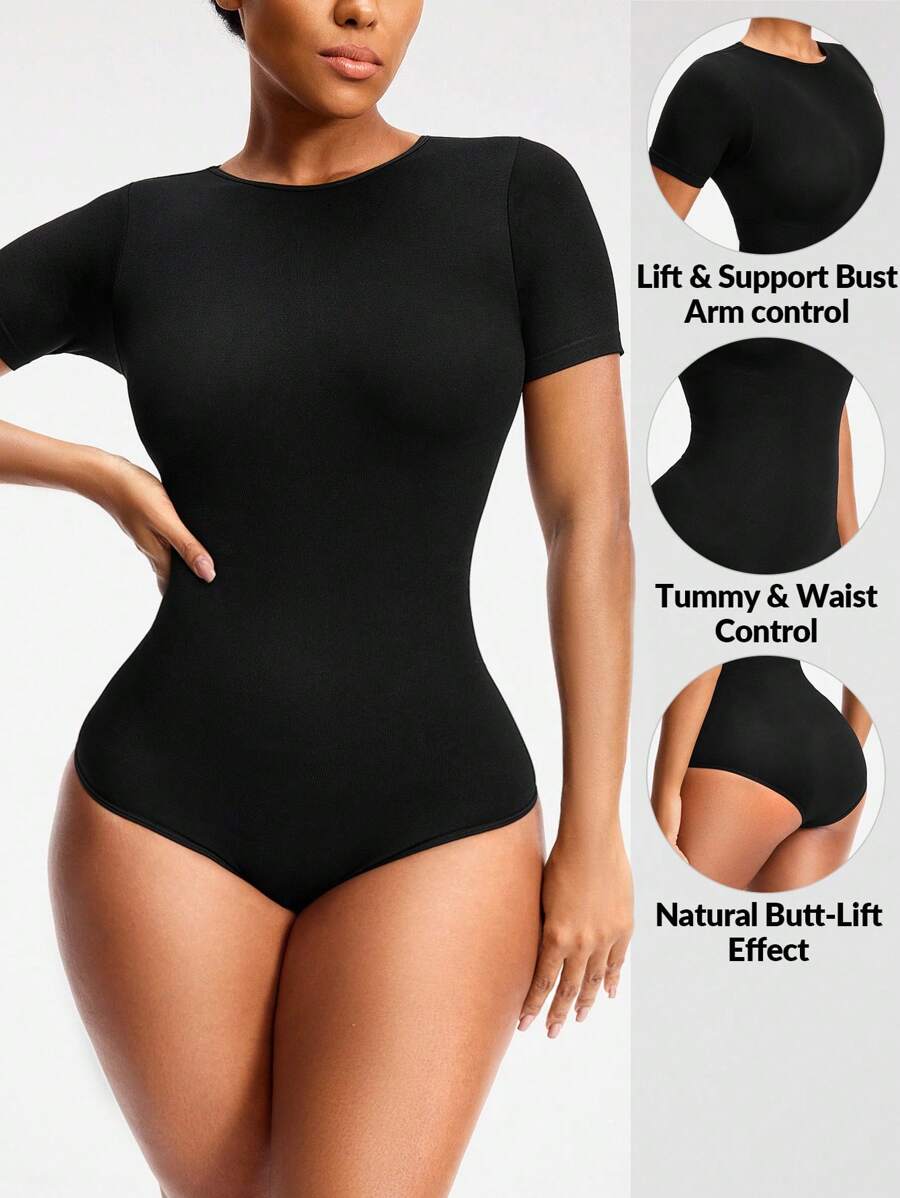 SHAPORA Seamless Round Neck Short-Sleeved Brief Bodysuit Body Shaper Bust&Butt Lifter -Tummy Waist Arm Control - Black - View 1
